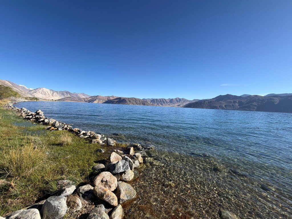 Pangong Lake, clear blue water over stones along a grassy shore, with bare mountains under a deep blue sky